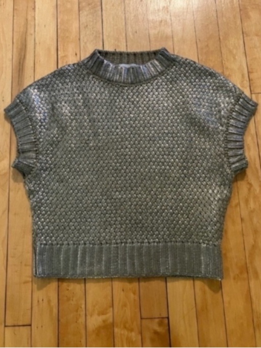 Metallic Woven Knit Mockneck Cap Sleeve Sweater 38
